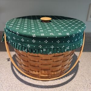 Longaberger 1994 Large Round Fruit Basket Green Padded Lid, Liner, Protector Set